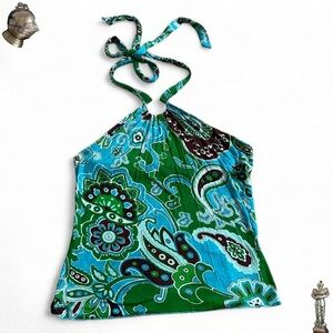 2000s Y2K vintage blue green paisley halter top with o-ring
